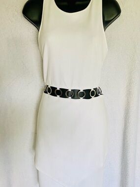 Charlotte Russe White Sleeveless Sheath Dress with Ring-Detail Belt